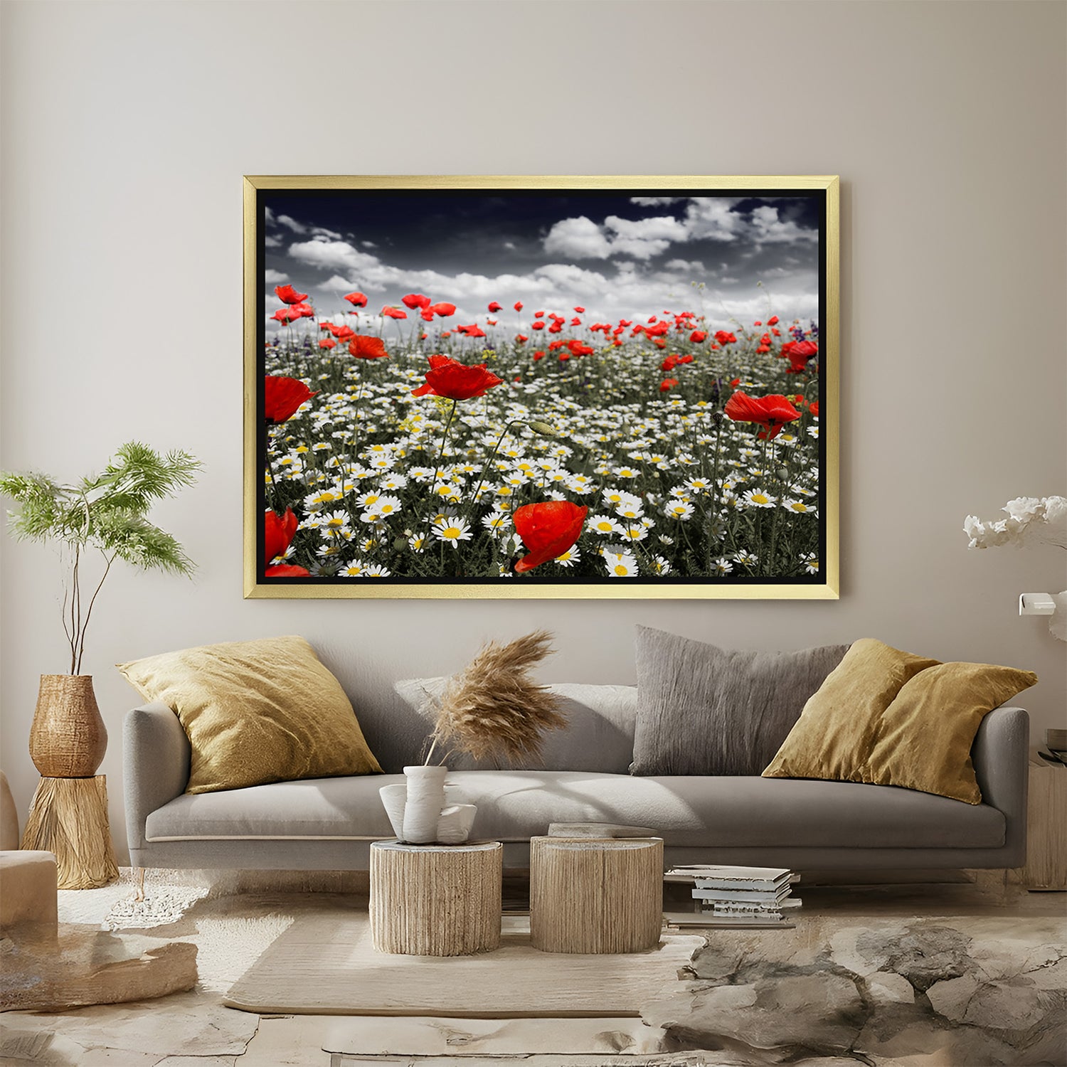 Golden-framed canvas wall art of blooming roses and chamomile in a scenic field, perfect for romantic and nature-inspired spaces