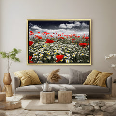Golden-framed canvas wall art of blooming roses and chamomile in a scenic field, perfect for romantic and nature-inspired spaces
