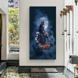 Lord Shiva meditating in the Himalayas surrounded by smoke and moonlight in premium canvas wrapped frame