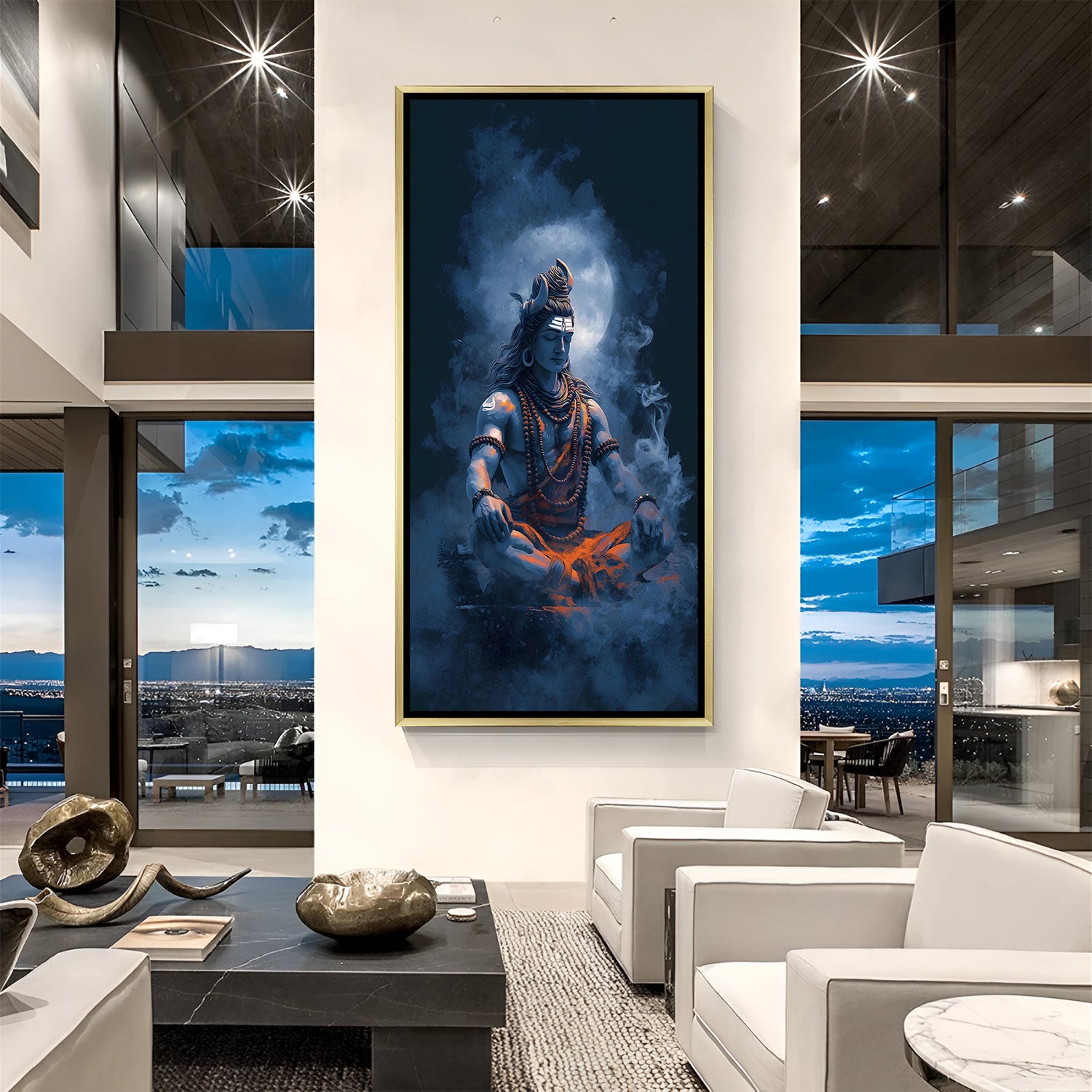 Lord Shiva Himalayan meditation canvas painting with moonlit atmosphere in luxurious golden floater frame