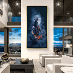 Lord Shiva Himalayan meditation canvas painting with moonlit atmosphere in luxurious golden floater frame
