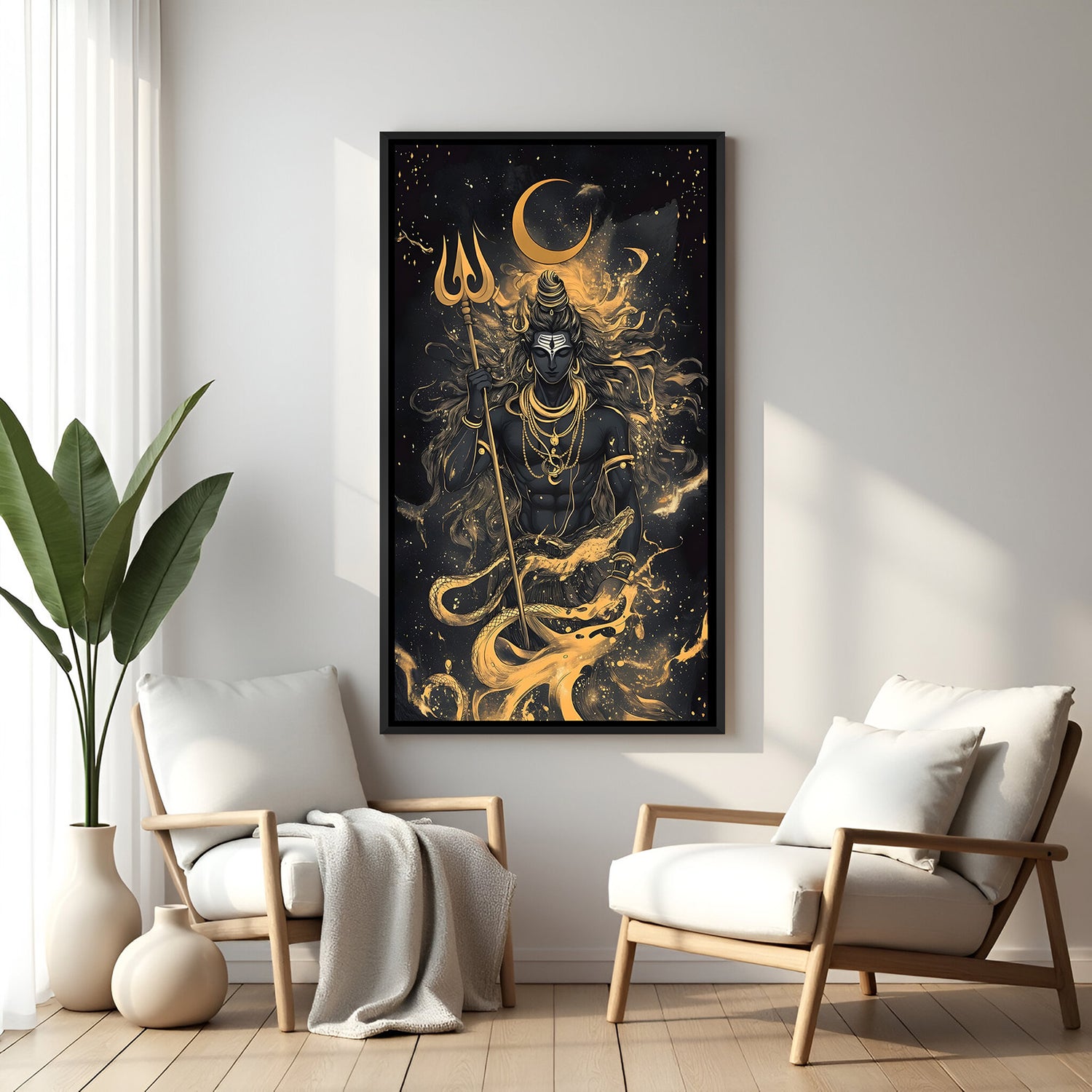 Dark-themed Mahadev portrait with Trishul, crescent moon, and serpent in elegant black floater frame