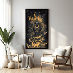 Dark-themed Mahadev portrait with Trishul, crescent moon, and serpent in elegant black floater frame
