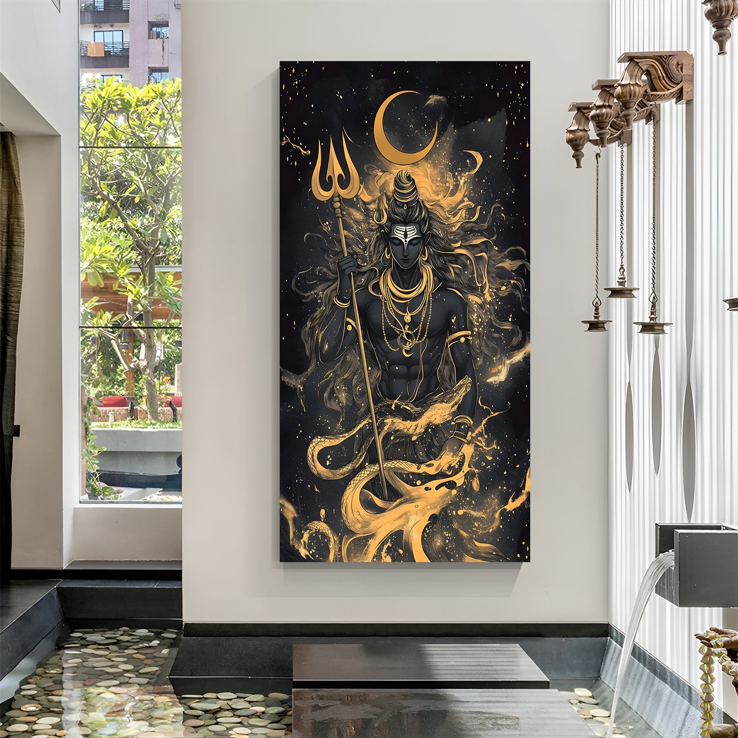 Lord Shiva holding a Trishul with gold accents, crescent moon, and coiled serpent in premium canvas wrapped frame