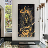 Lord Shiva holding a Trishul with gold accents, crescent moon, and coiled serpent in premium canvas wrapped frame