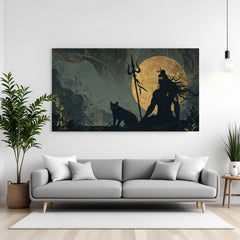 Lord Shiva silhouette beside a black cat under moonlight canvas wall art in premium canvas wrapped frame