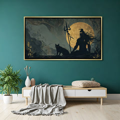 Shiva Under the Moonlight canvas painting with black cat silhouette in luxurious golden floater frame