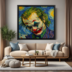 Painted-style Joker artwork in elegant black floater frame with vibrant colors and expressive brushstrokes