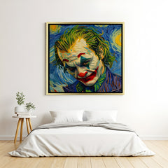 Chaos in Color Joker Portrait canvas wall art in luxury golden floater frame featuring a vivid modern painted portrait