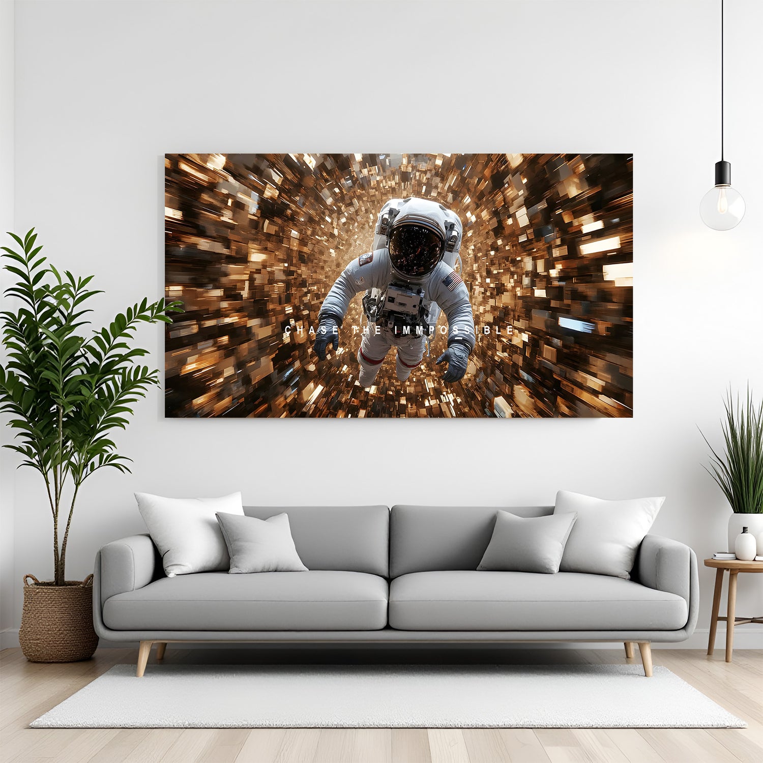 Chase the Impossible space motivation canvas wall art in premium canvas wrapped frame with cosmic galaxy inspirational design