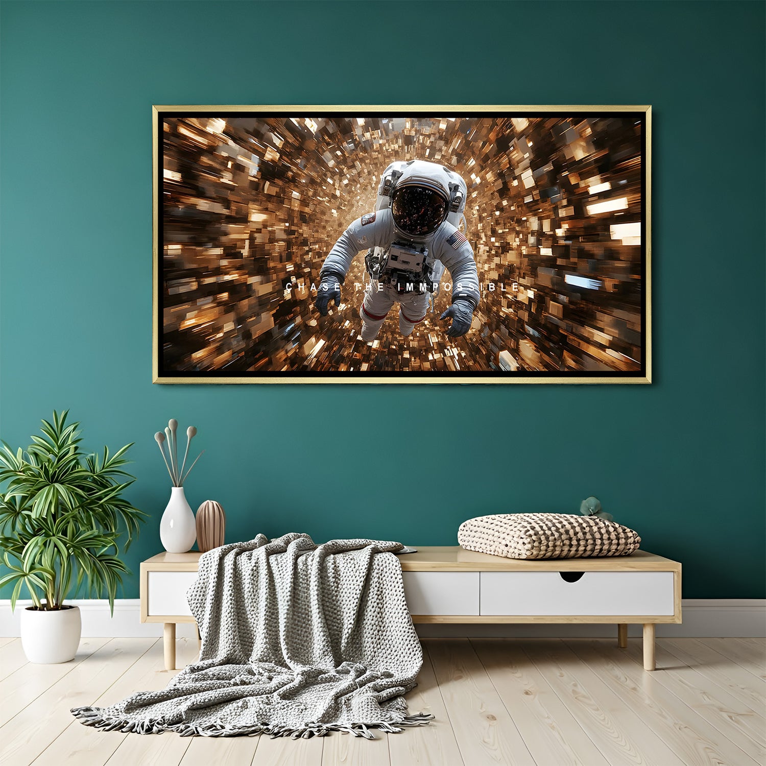Luxury space motivation canvas artwork with Chase the Impossible quote in golden floater frame cosmic design