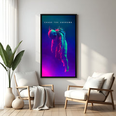 Space motivational wall art with Chase the Unknown quote in elegant black floater frame modern cosmic decor