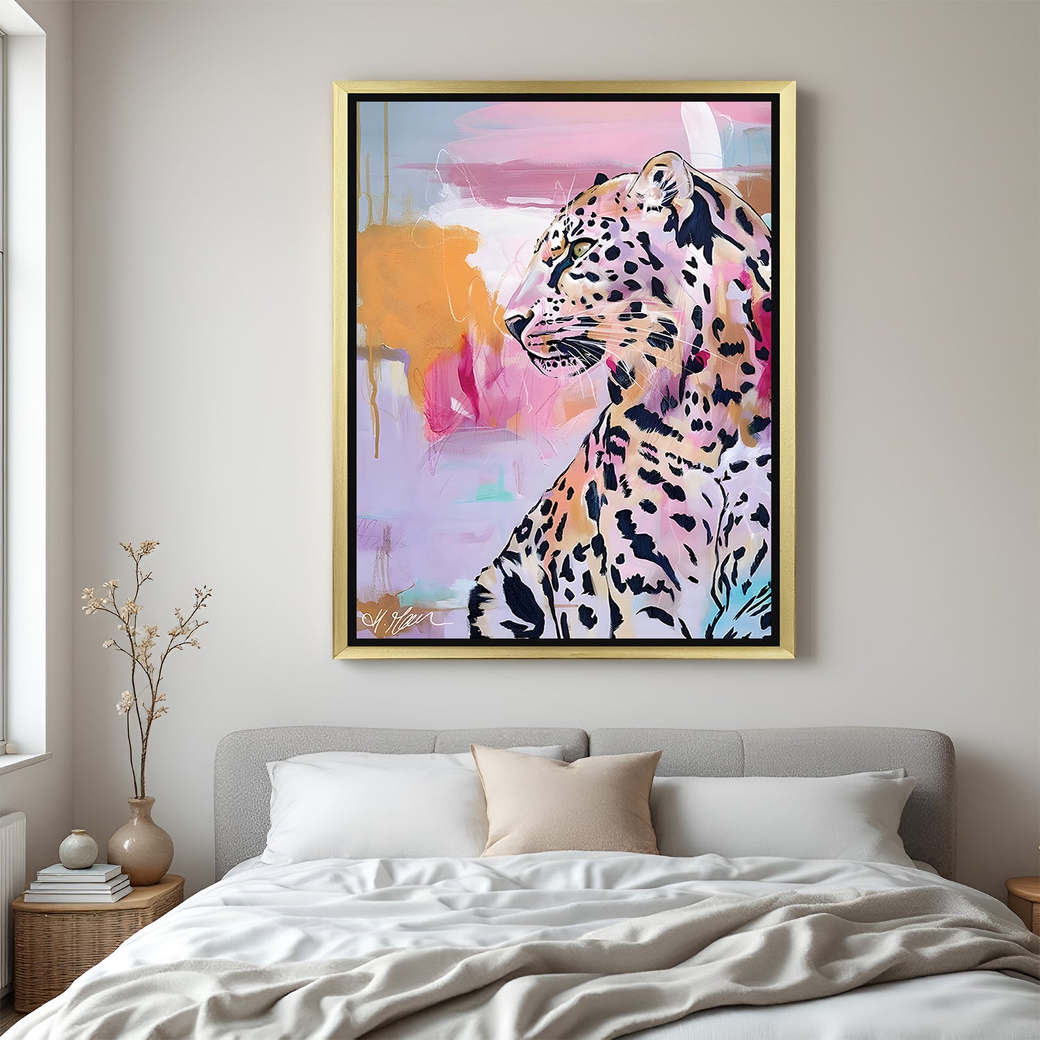 Cheetah canvas print in golden floater frame, ideal for energetic spaces that reflect ambition and sharp instincts