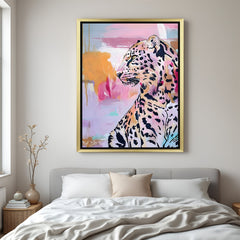 Cheetah canvas print in golden floater frame, ideal for energetic spaces that reflect ambition and sharp instincts