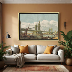 Golden-framed aged canvas wall art of London’s Chelsea Bridge—classic vintage-style interior wall decor