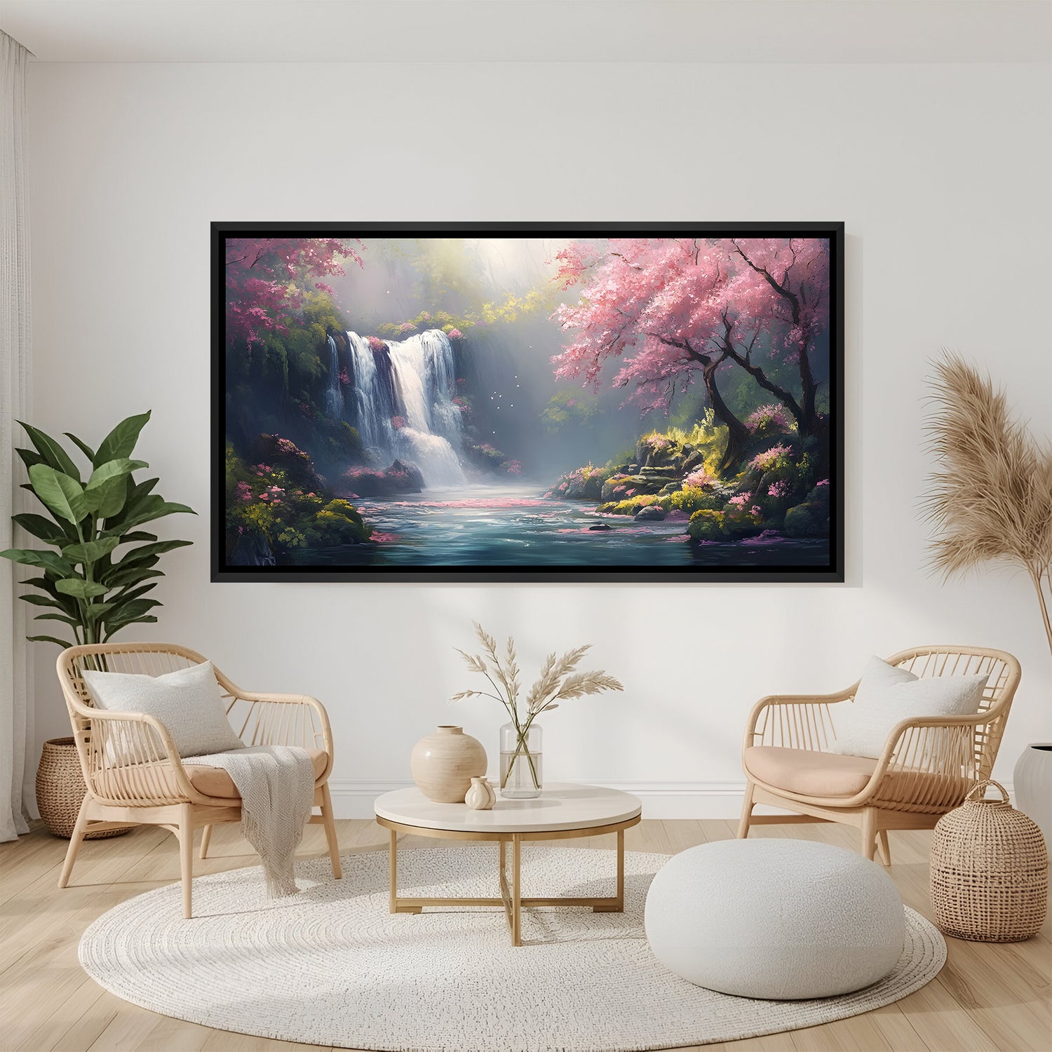 Cherry blossom waterfall black frame wall decor landscape canvas