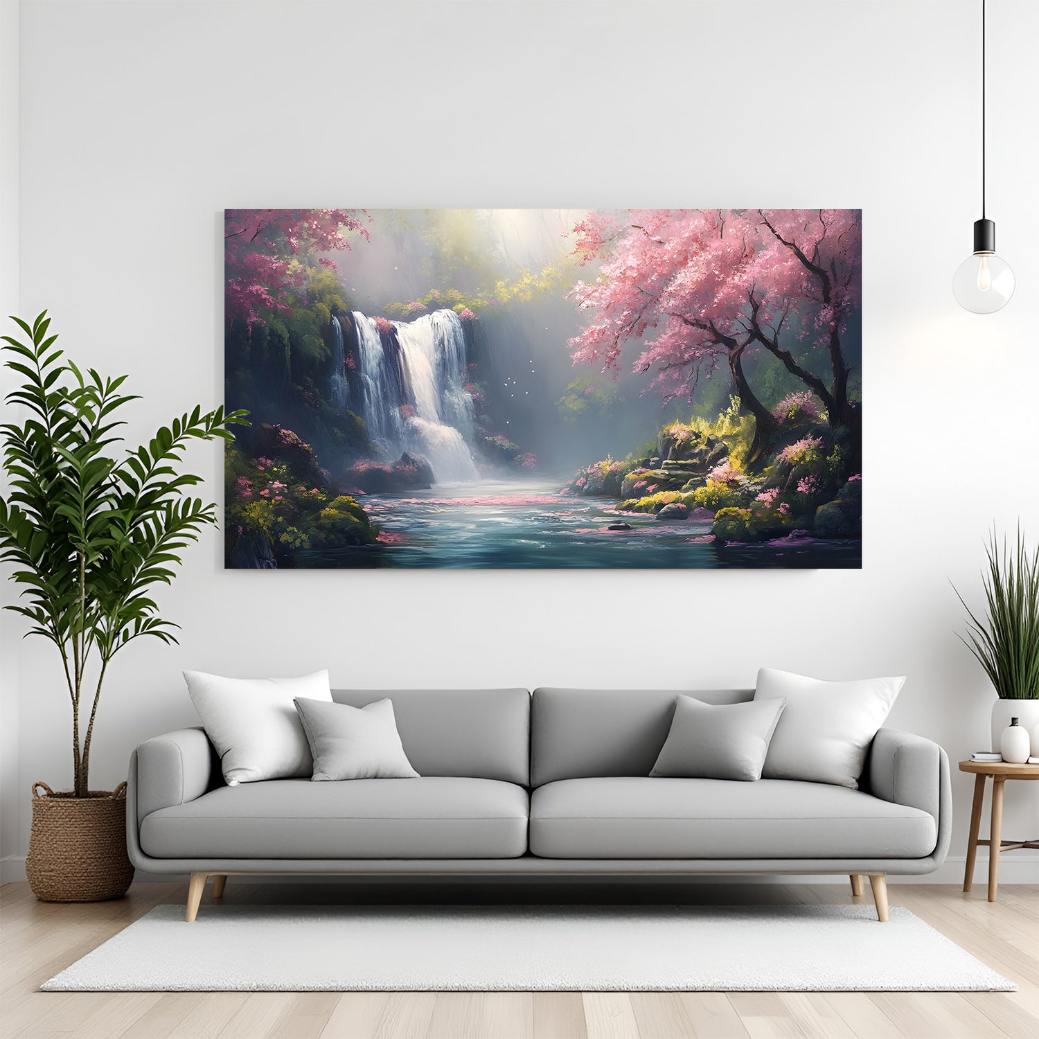Cherry blossom waterfall canvas wall art with pink trees and flowing river landscape