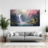 Cherry blossom waterfall canvas wall art with pink trees and flowing river landscape
