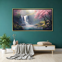 Cherry blossom waterfall wooden frame canvas wall art for living room