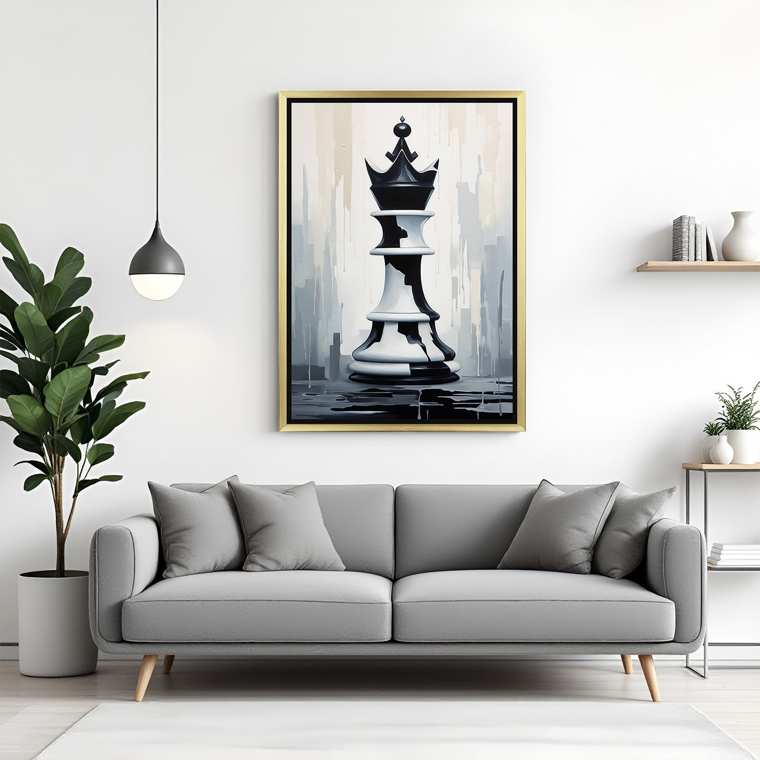 Golden-framed modern canvas of a painted chess king, symbolizing royalty and strength—perfect for premium spaces and bold modern interiors