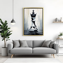 Golden-framed modern canvas of a painted chess king, symbolizing royalty and strength—perfect for premium spaces and bold modern interiors