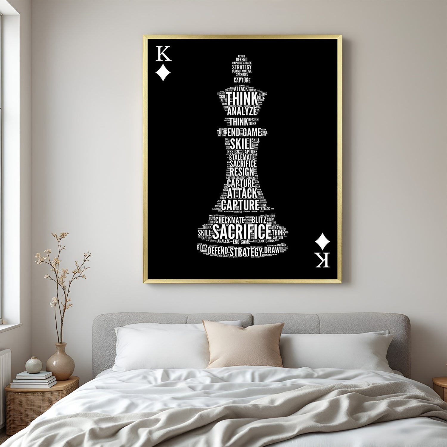 Chess typography artwork in golden floater frame luxury strategic wall decor