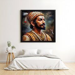 Chhatrapati Shivaji Maharaj close-up face wall art with black background in elegant black floater frame