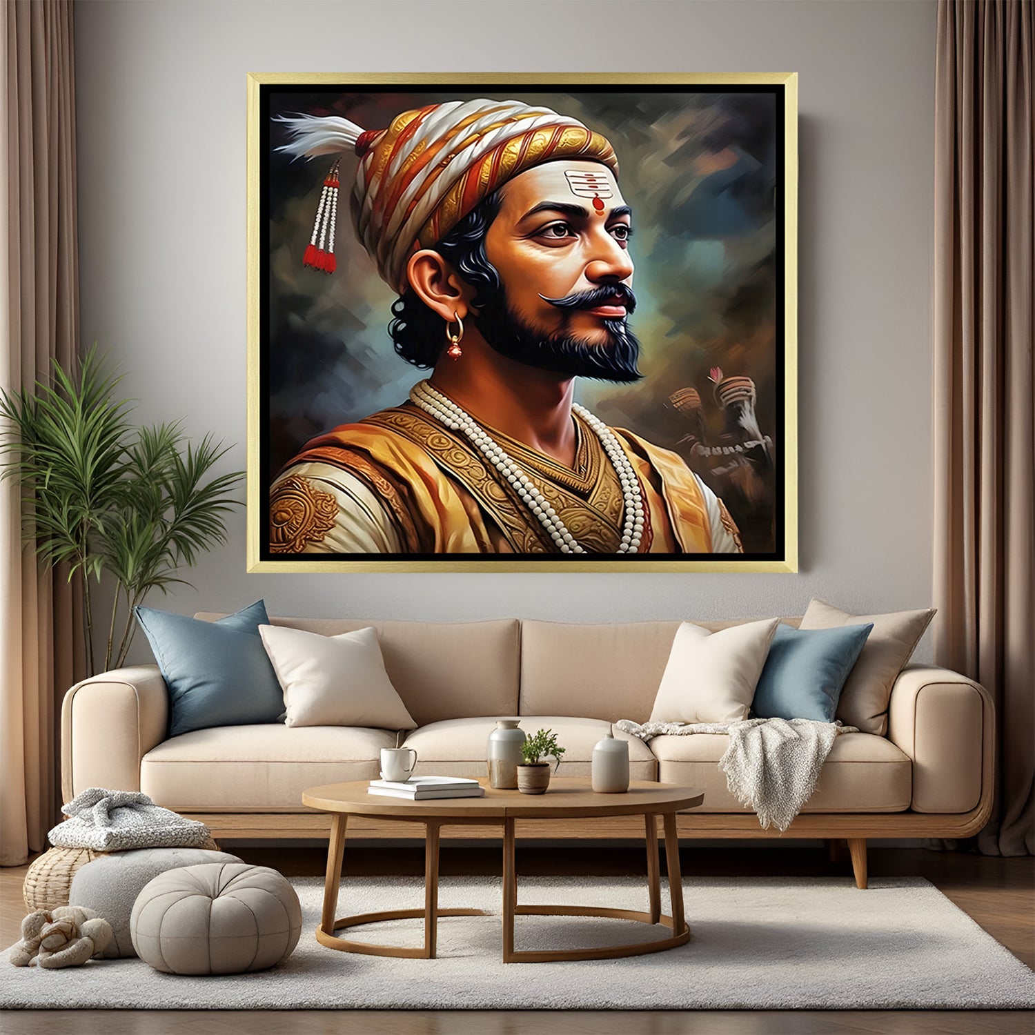 Chhatrapati Shivaji Maharaj face artwork with dramatic black background in luxury golden floater frame