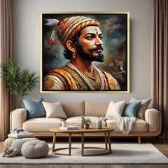 Chhatrapati Shivaji Maharaj face artwork with dramatic black background in luxury golden floater frame