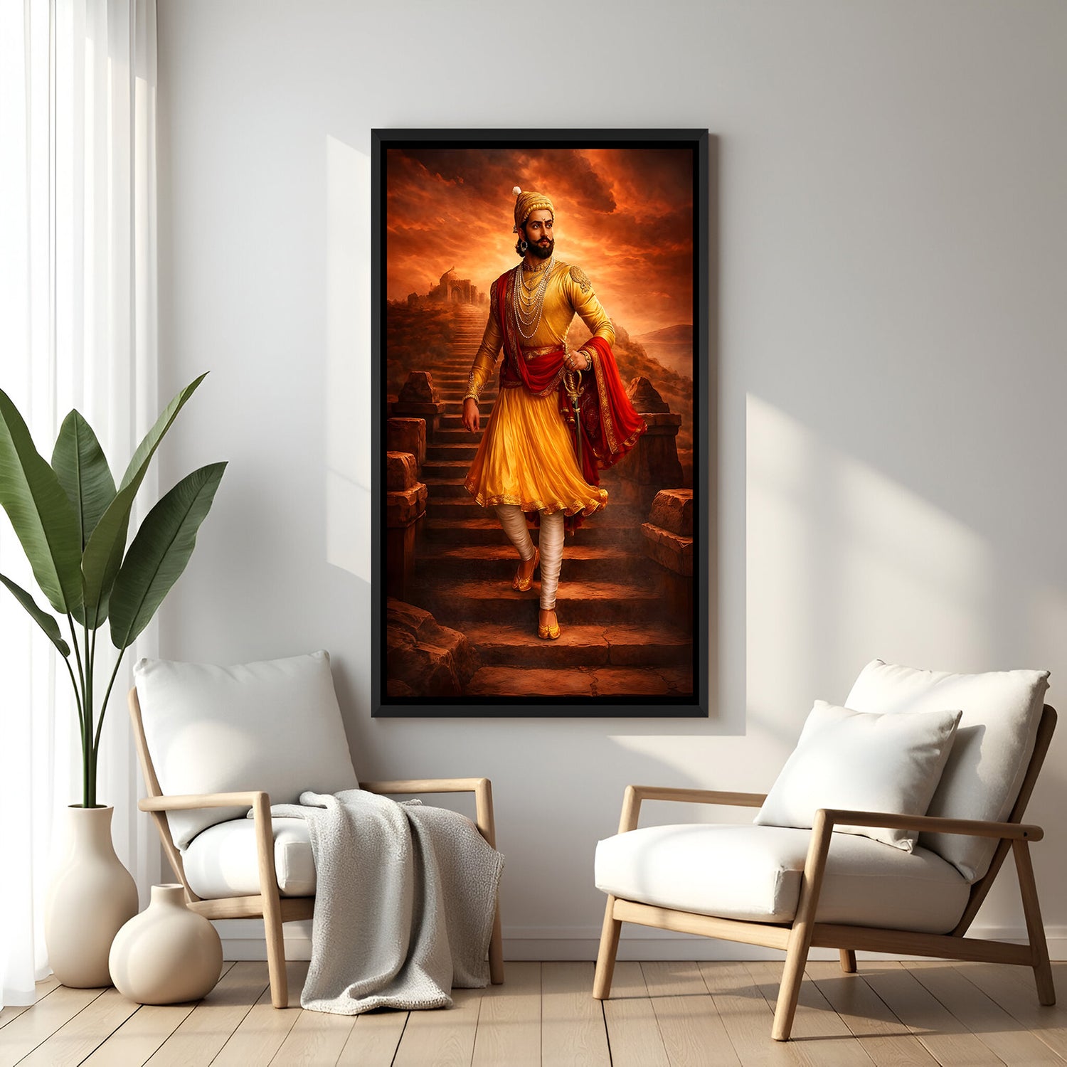 Chhatrapati Shivaji Maharaj standing before a castle under red clouds in elegant black floater frame