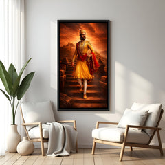 Chhatrapati Shivaji Maharaj standing before a castle under red clouds in elegant black floater frame