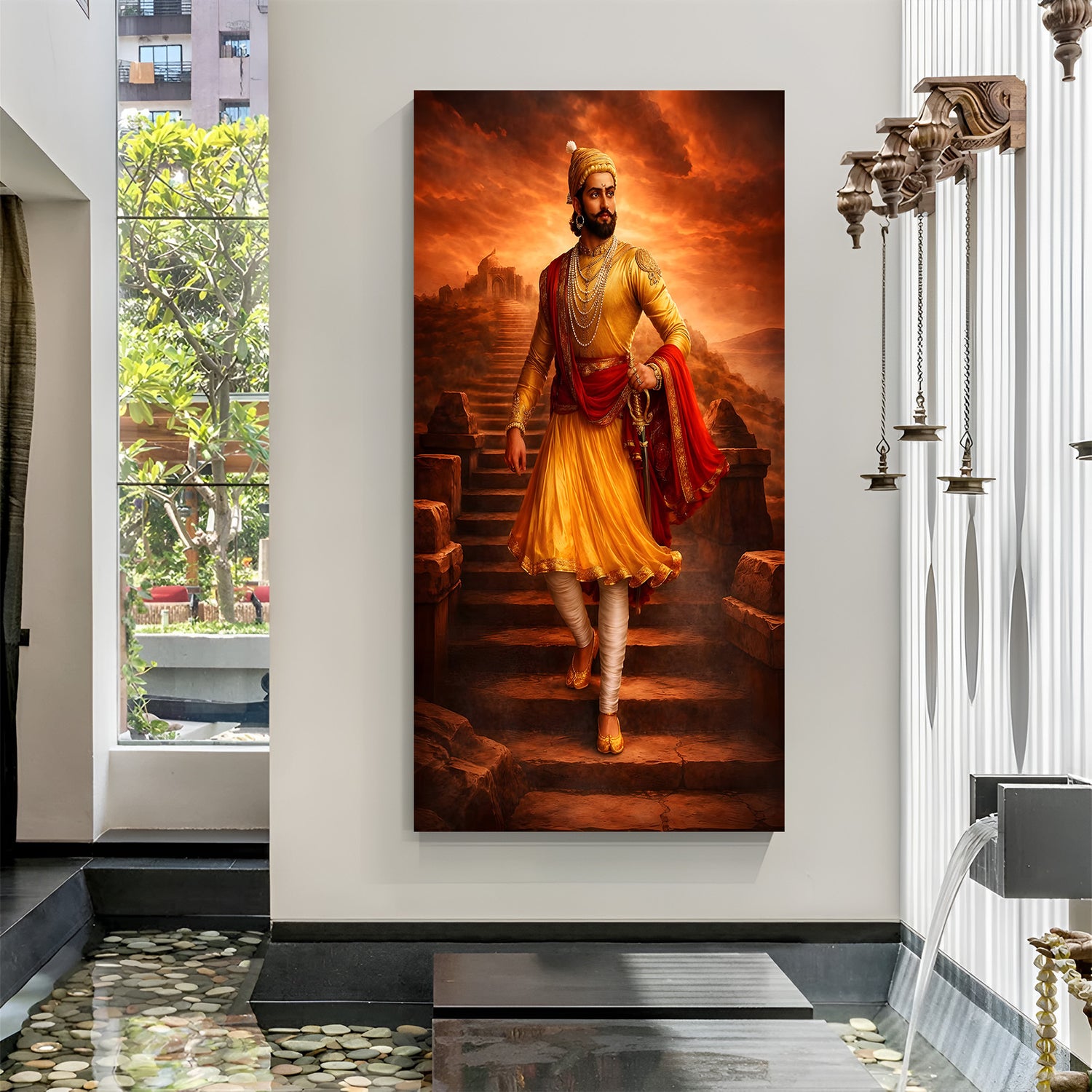 Chhatrapati Shivaji Maharaj standing on castle stairs canvas wall art with dramatic red cloudy sky in premium canvas wrapped frame