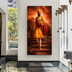 Chhatrapati Shivaji Maharaj standing on castle stairs canvas wall art with dramatic red cloudy sky in premium canvas wrapped frame