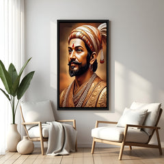 Chhatrapati Shivaji Maharaj face wall art in elegant black floater frame featuring a close-up royal portrait