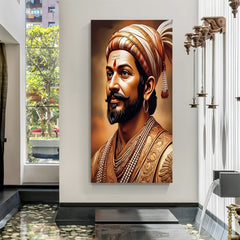 Chhatrapati Shivaji Maharaj face portrait canvas wall art in premium canvas wrapped frame with detailed royal features