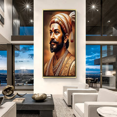 Chhatrapati Shivaji Maharaj artwork in luxury golden floater frame showcasing a majestic face portrait