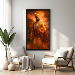 Chhatrapati Shivaji Maharaj standing in royal attire wall art in elegant black floater frame with glowing background