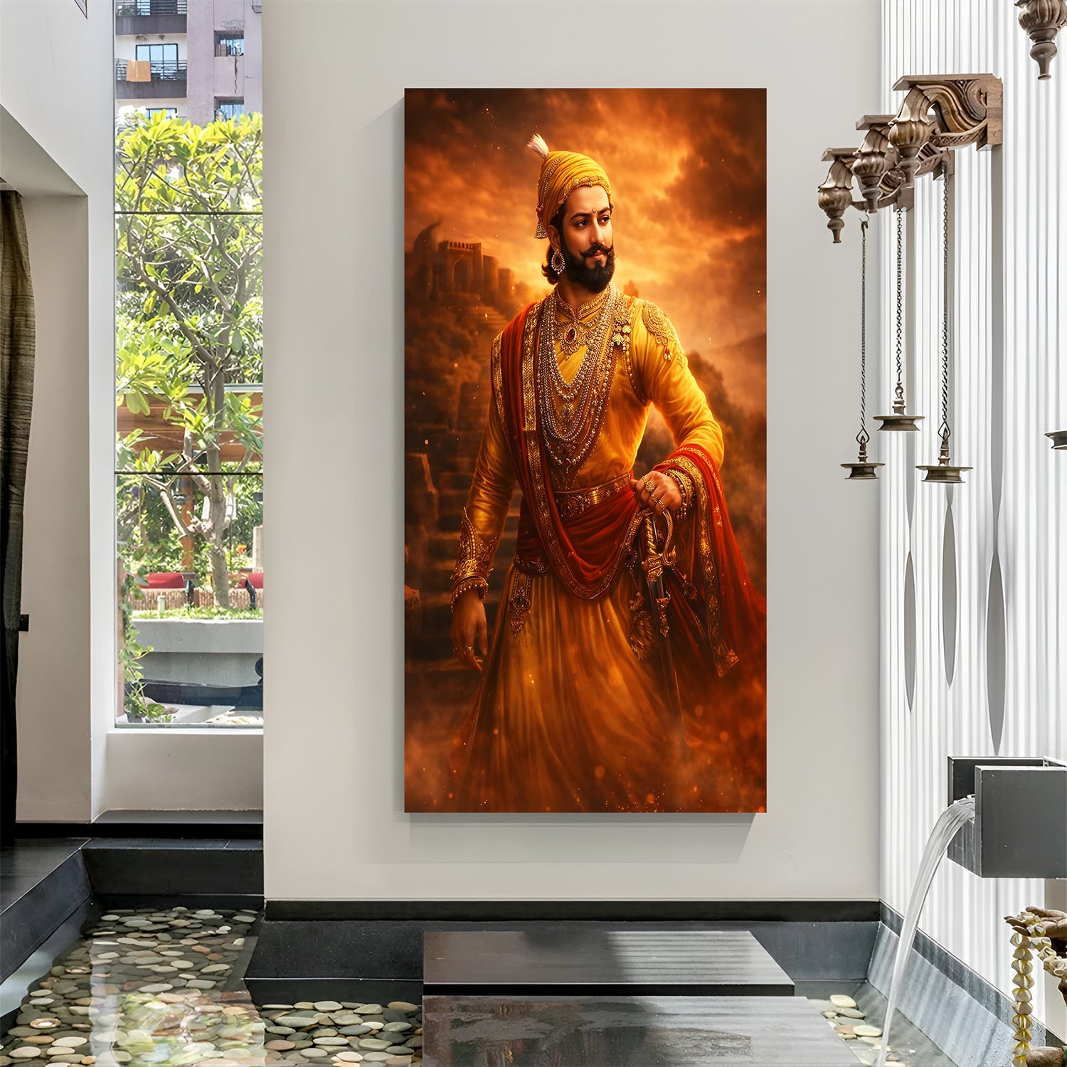 Chhatrapati Shivaji Maharaj fiery warrior canvas wall art in premium canvas wrapped frame with dramatic saffron sky