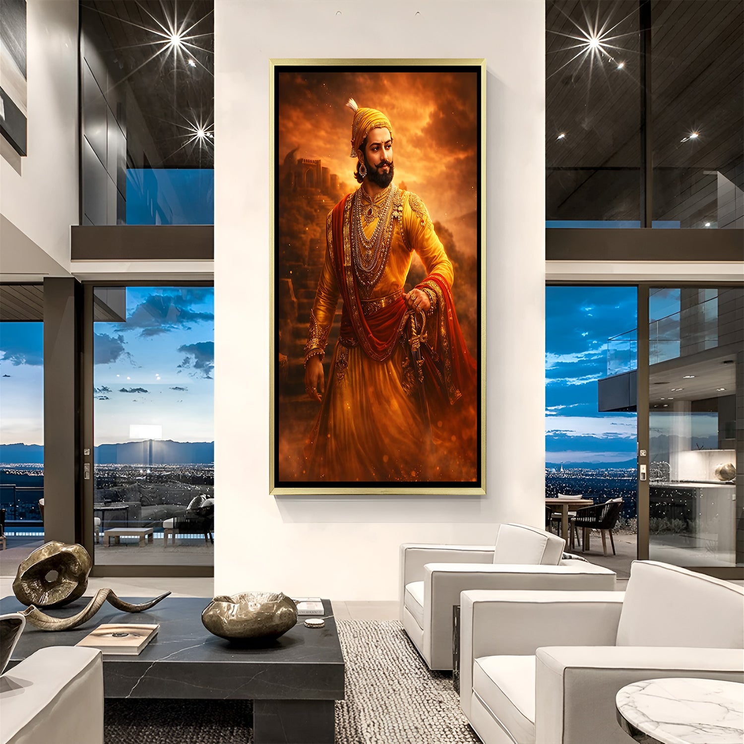 Chhatrapati Shivaji Maharaj artwork in luxury golden floater frame featuring a dramatic warrior portrait