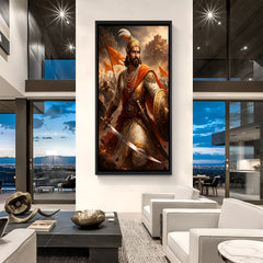Chhatrapati Shivaji Maharaj battle wall art in elegant black floater frame with sword fighting action