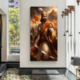 Chhatrapati Shivaji Maharaj fighting canvas wall art in premium canvas wrapped frame featuring an intense battlefield scene