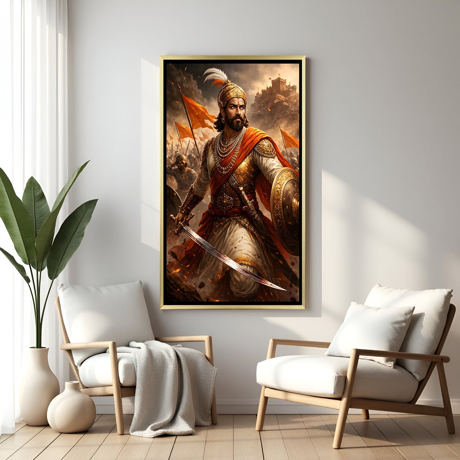 Chhatrapati Shivaji Maharaj warrior battle artwork in luxury golden floater frame featuring a dramatic combat scene