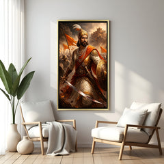 Chhatrapati Shivaji Maharaj warrior battle artwork in luxury golden floater frame featuring a dramatic combat scene