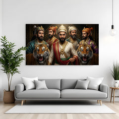 Chhatrapati Shivaji Maharaj and Maratha warriors canvas wall art with majestic tigers in premium canvas wrapped frame