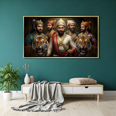 Chhatrapati Shivaji Maharaj artwork in luxury golden floater frame with Maratha warriors and tiger imagery