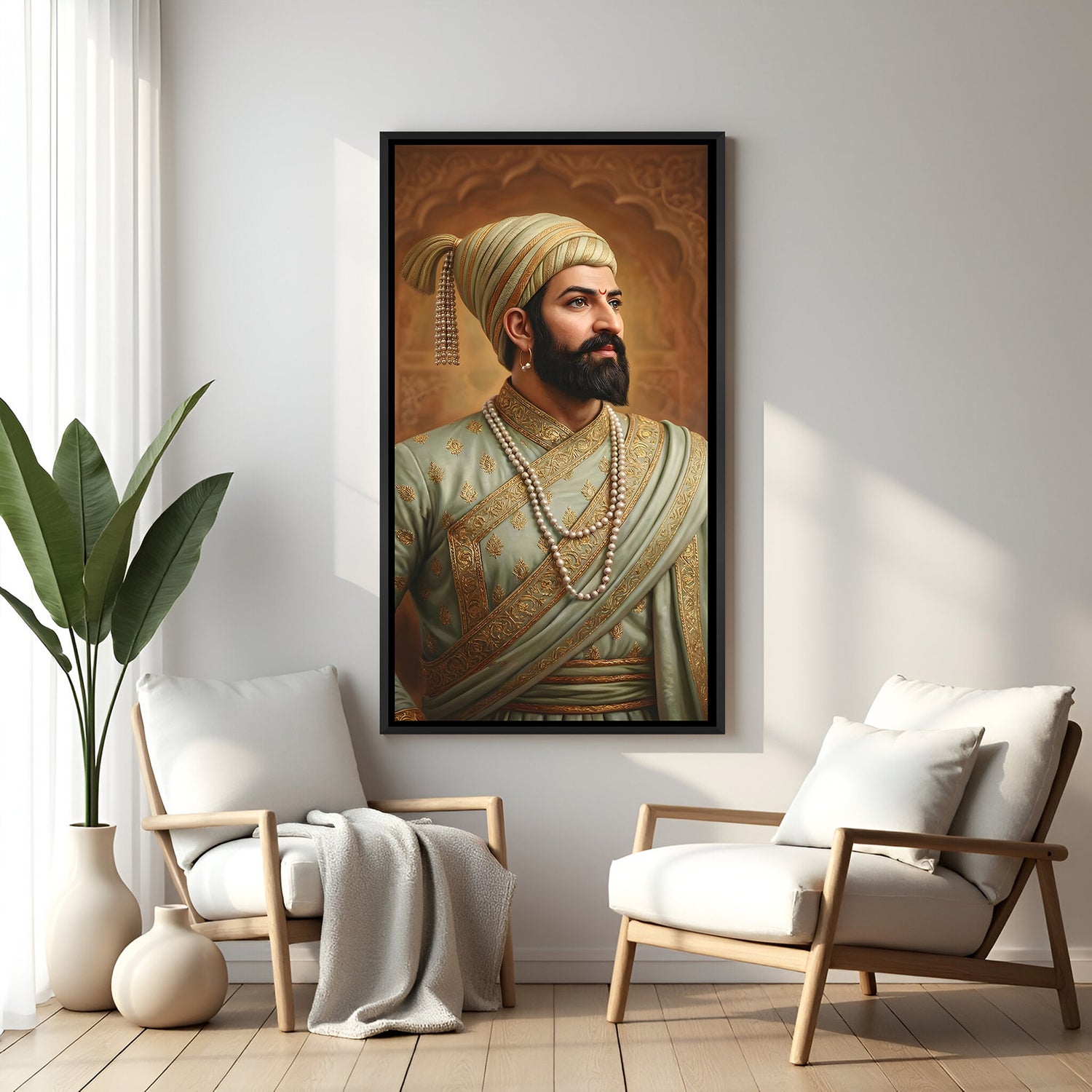 Chhatrapati Shivaji Maharaj portrait wall art in elegant black floater frame featuring traditional royal clothing