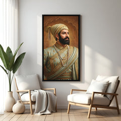 Chhatrapati Shivaji Maharaj portrait wall art in elegant black floater frame featuring traditional royal clothing