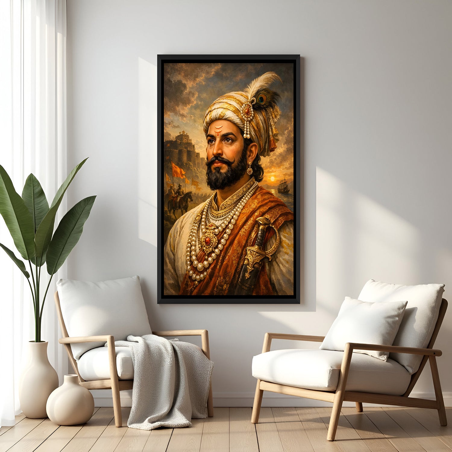Chhatrapati Shivaji Maharaj wall art with river and castle backdrop in elegant black floater frame