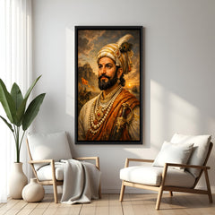 Chhatrapati Shivaji Maharaj wall art with river and castle backdrop in elegant black floater frame