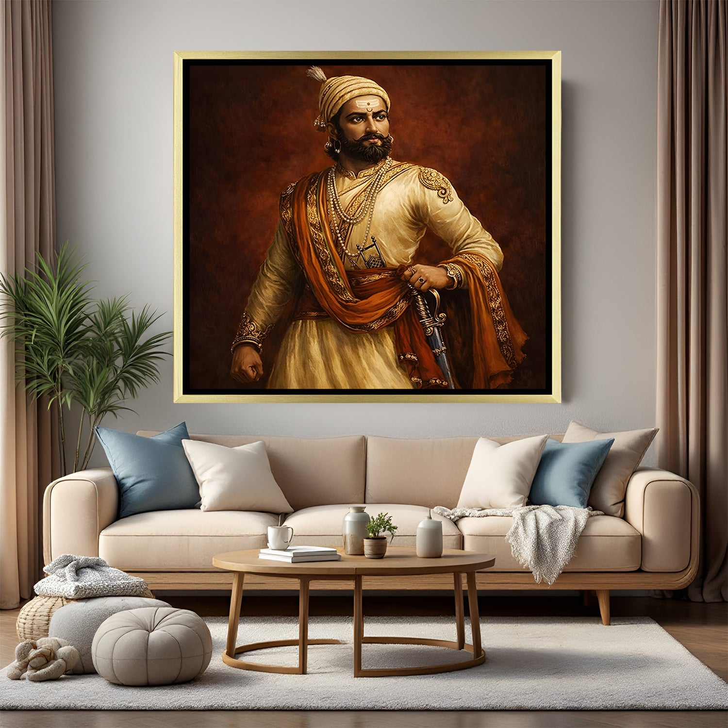 Chhatrapati Shivaji Maharaj royal artwork in luxury golden floater frame showcasing Maratha king heritage